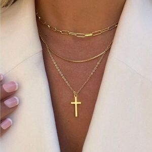 Gold 3pc Cross Chain Necklace Set